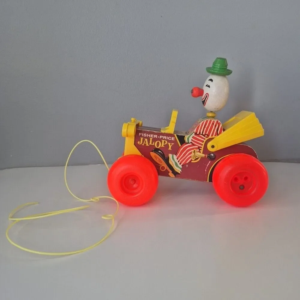 Fisher Price Vintage 1965 Wooden Jolly Jalopy the Clown Pull Toy Model 724